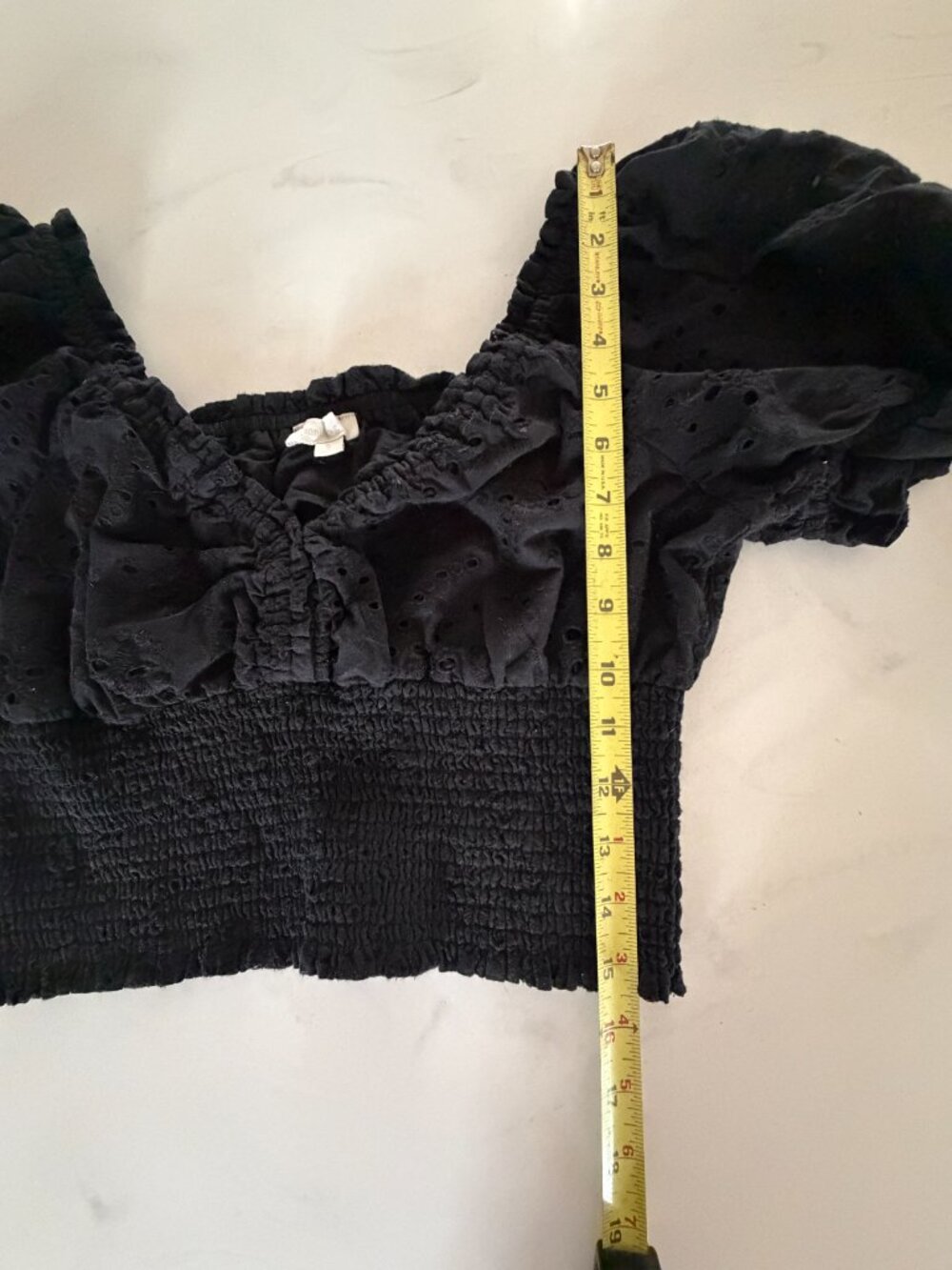 Jennifer & Grace Black Eyelet Smocked Off Shoulder Crop Top S - Picture 6 of 9